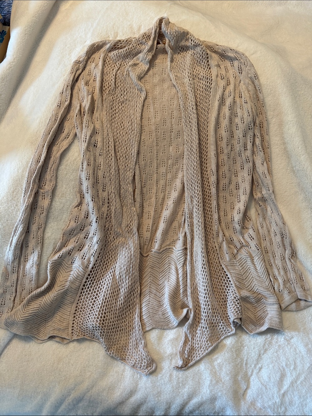 Belldini Open-Knit Draped Cardigan in Light Taupe